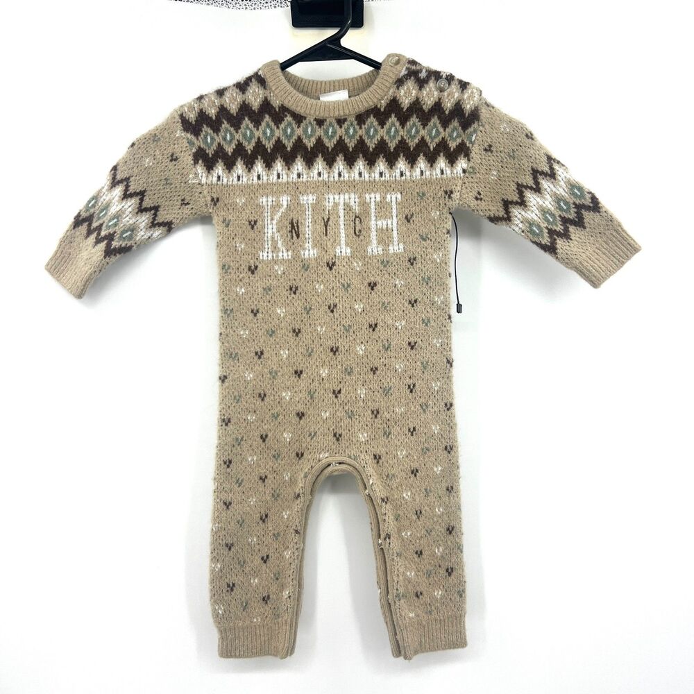 KITH Kids NYC Baby Fair Isle Knit Sweater Romper Coverall Tan 3-6M